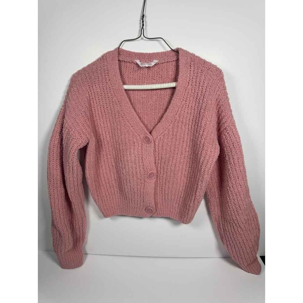 No Boundaries Crop Cardigan Sweater Womens Medium Pink Chunky Knit Button Front